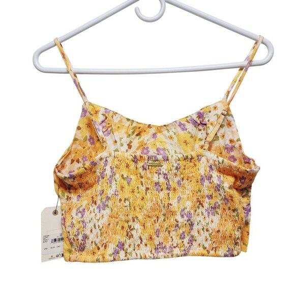 Billabong Womens Floral Yellow Crop Top Size L 12 Adjustable Straps Smocked Back - Picture 2 of 8